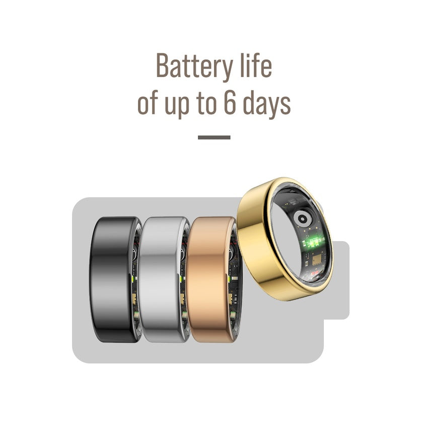 Smart rings in different colors with a battery life indicator on a white background